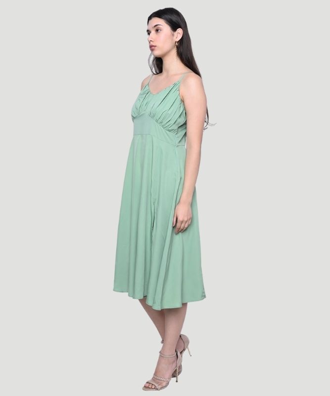 Women's Green Solid Regular Fit A-line Midi Dress